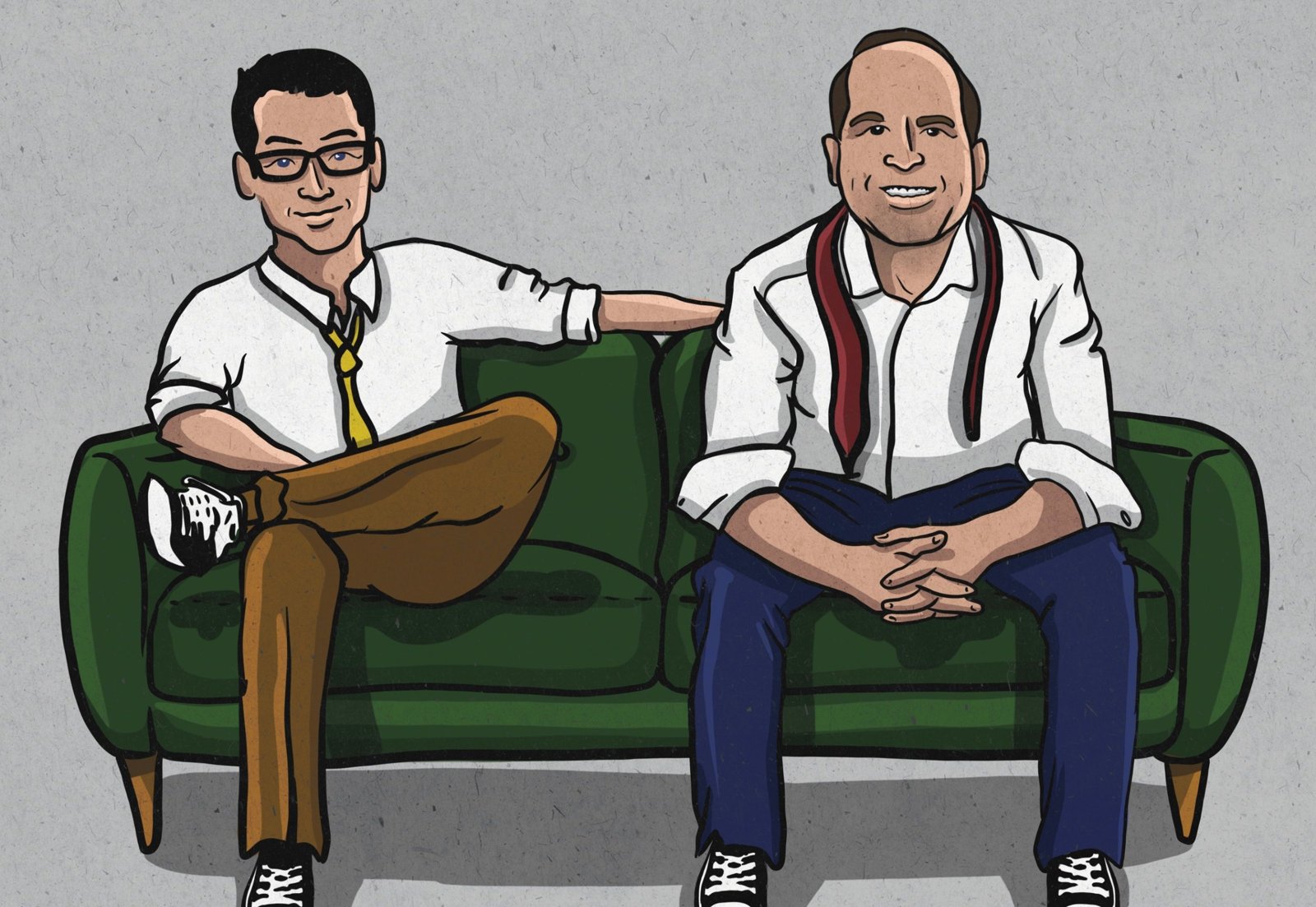 Cartoon of Al and Joe sitting on a green couch
